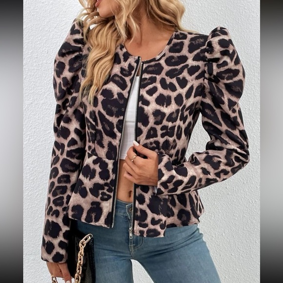Leopard print zipper puff sleeve jacket